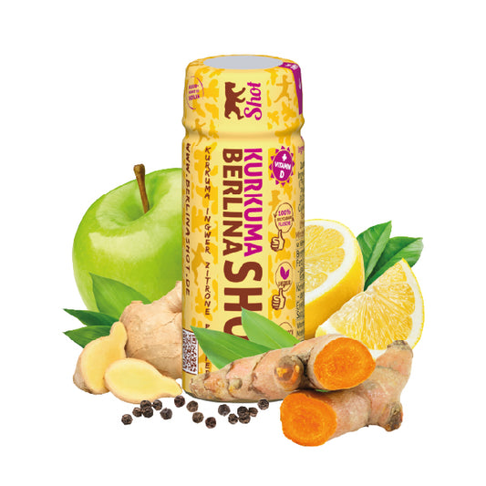 Berlina Kurkuma Shot – 60 ml Flasche mit Vitamin D, Ingwer-Direktsaft, Apfel, Zitrone und Kurkuma