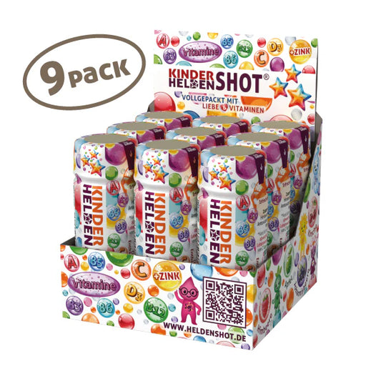 Helden Shot Kids – 9er-Box mit 60-ml-Fruchtshots für Kinder ab 6 Jahren, 7 Vitaminen und Zink