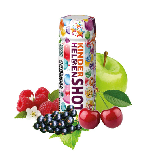 Helden Shot Kids – 60 ml Fruchtshot für Kinder ab 6 Jahren mit 4 Direktsäften, 7 Vitaminen und Zink